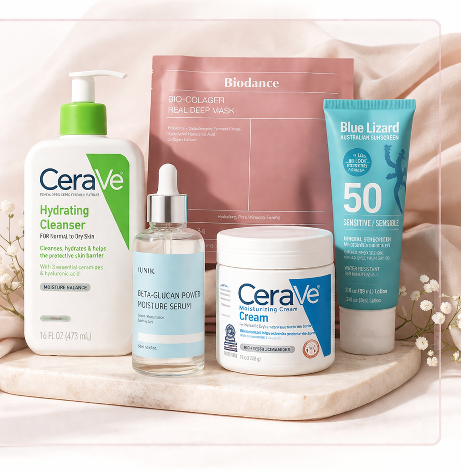 Skin barrier repair routine product composition showing CeraVe Hydrating Cleanser, iUNIK Beta Glucan Serum, CeraVe Moisturizing Cream, Blue Lizard SPF 50 sunscreen, and BIODANCE Bio-Collagen Real Deep Mask arranged on a marble tray