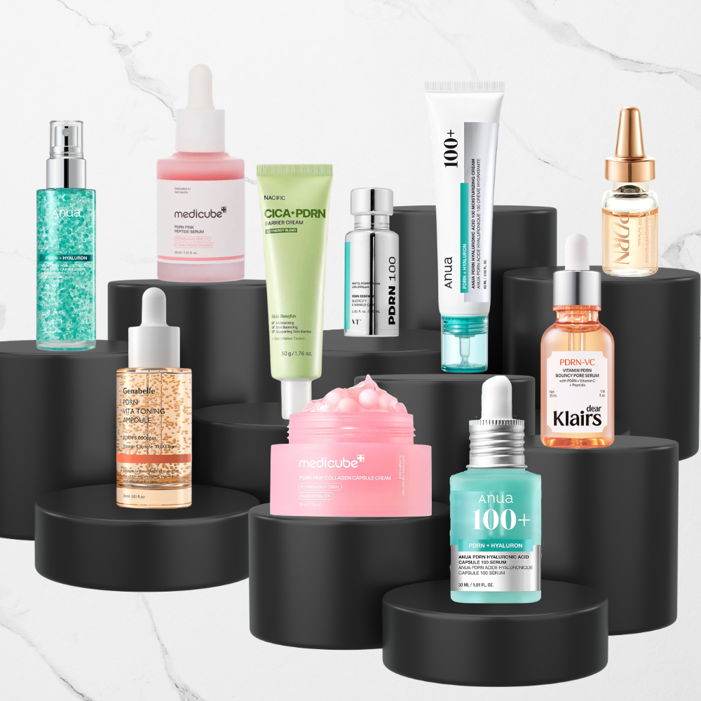Best PDRN skincare products comparison image featuring top PDRN serums creams ampoules and essence for glow hydration barrier support texture and elasticity