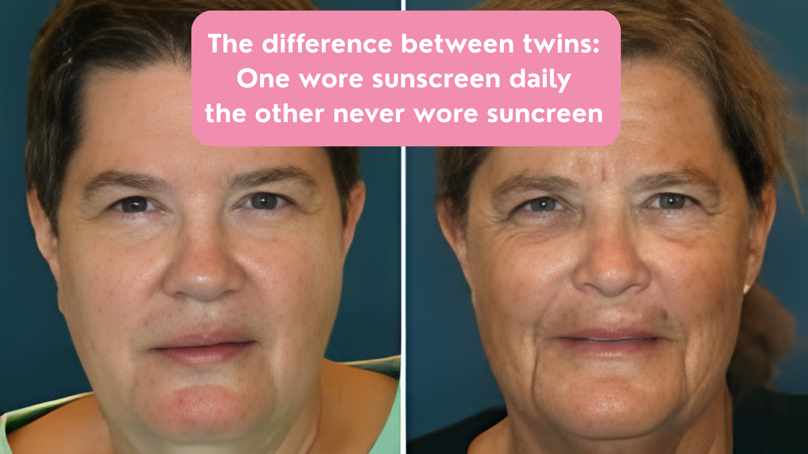 Side-by-side twin skin aging comparison showing daily sunscreen use versus no sunscreen and the visible impact of UV damage on the face