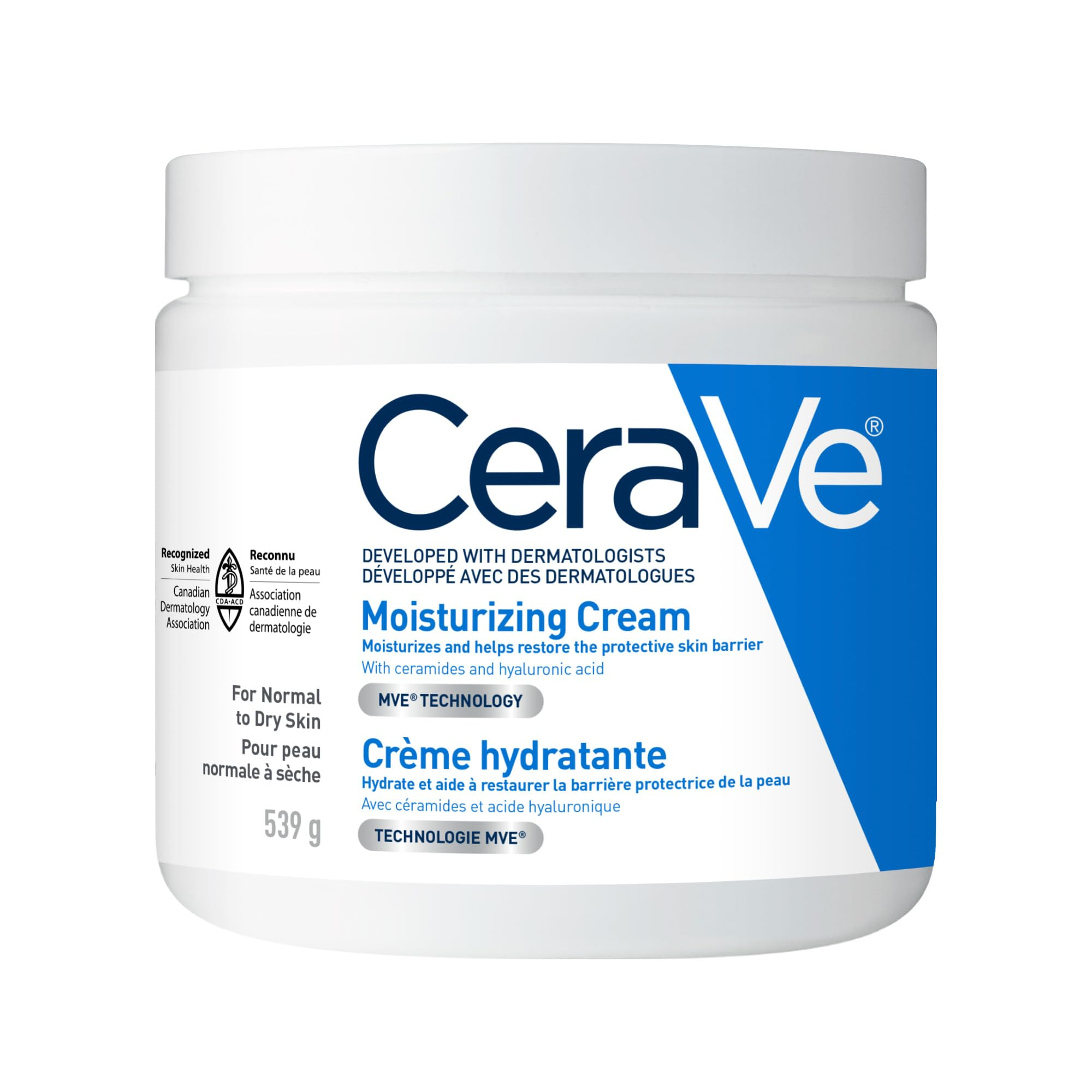 CeraVe Moisturizing Cream jar for normal to dry skin with ceramides and hyaluronic acid, 539 g hydrating face and body moisturizer on white background