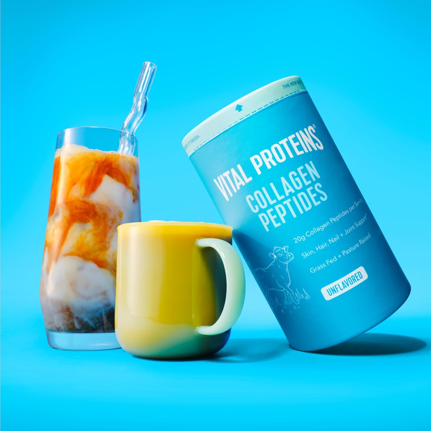 Vital Proteins Collagen Peptides powder container with coffee and smoothie